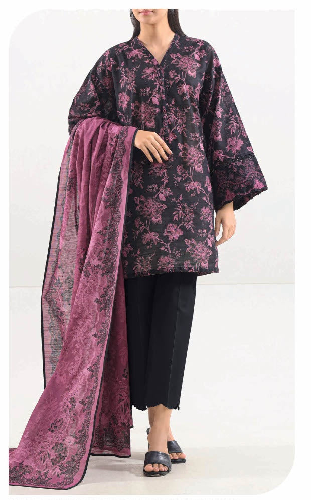 SAYA Orchid Dusk U01-25597-05BR black mauve printed unstitched 3 piece lawn suit