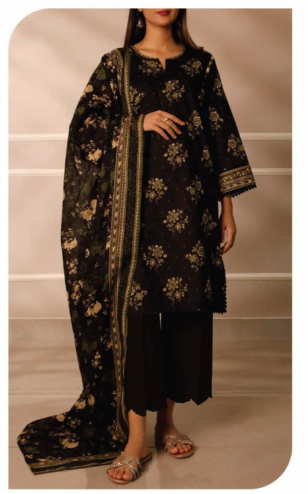 SAYA Orchid Dusk U01-25486-05AR black gold floral unstitched 3 piece lawn suit