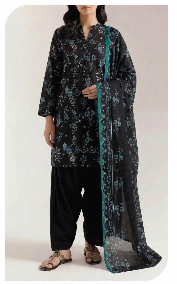 SAYA Orchid Dusk U01-26147-P02A black teal printed unstitched 3 piece lawn suit